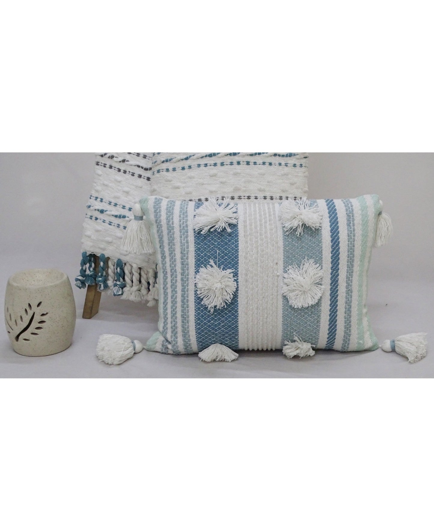 Accent Pillow with Large Poms and Corner Tassels 14" x 20" with Insert