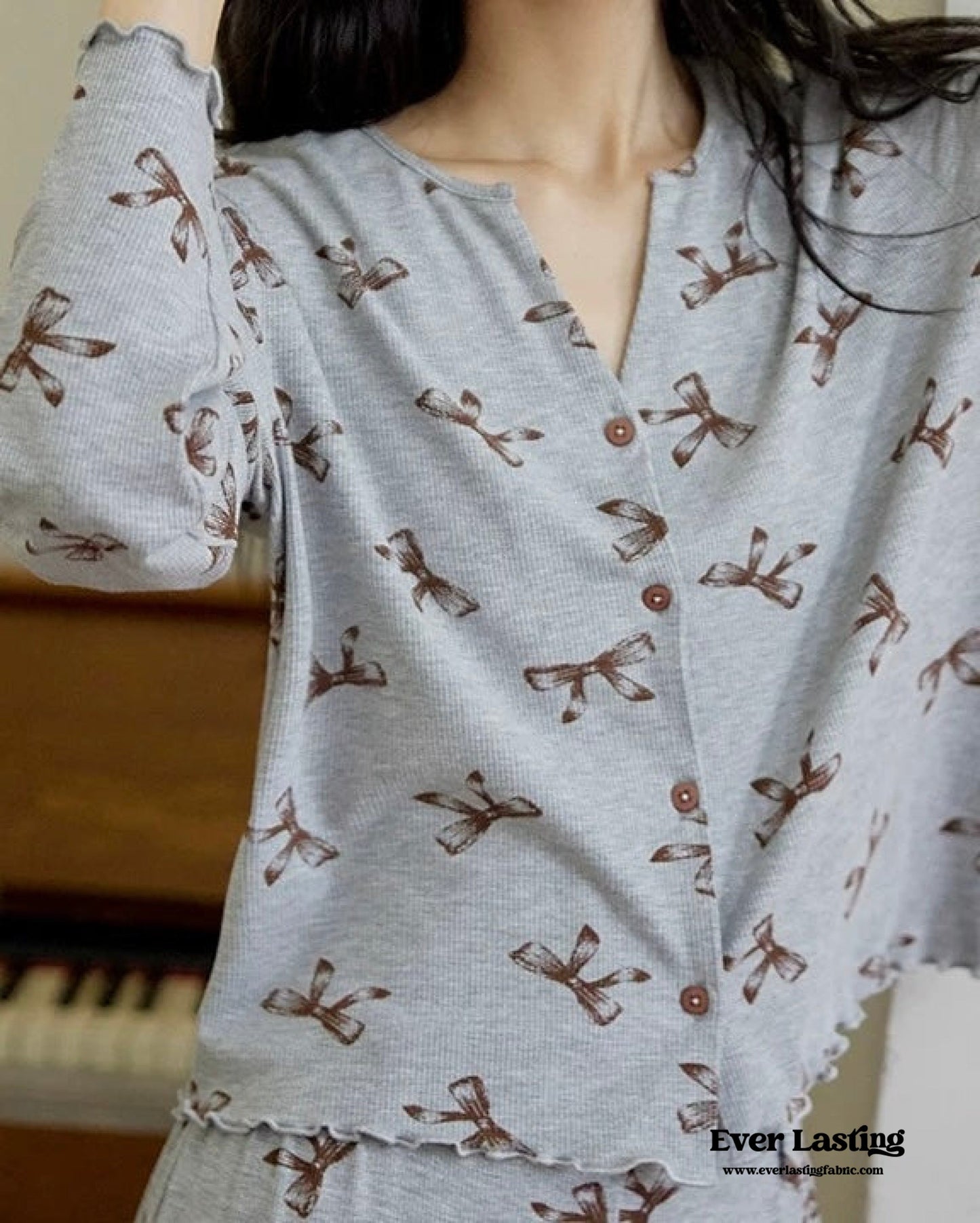 Bow V Neck Modal Pajama Set / Black