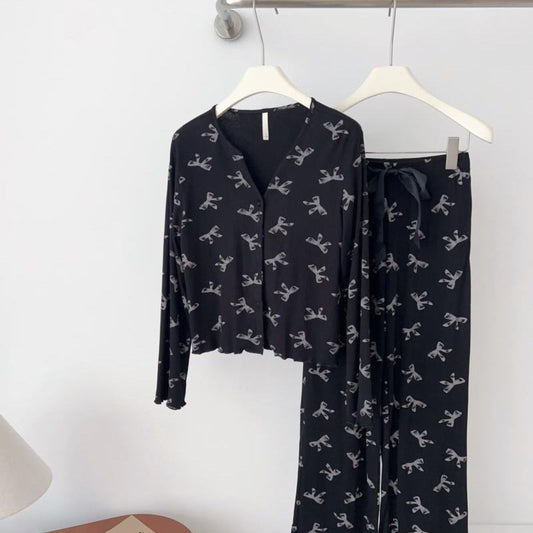 Bow V Neck Modal Pajama Set / Black