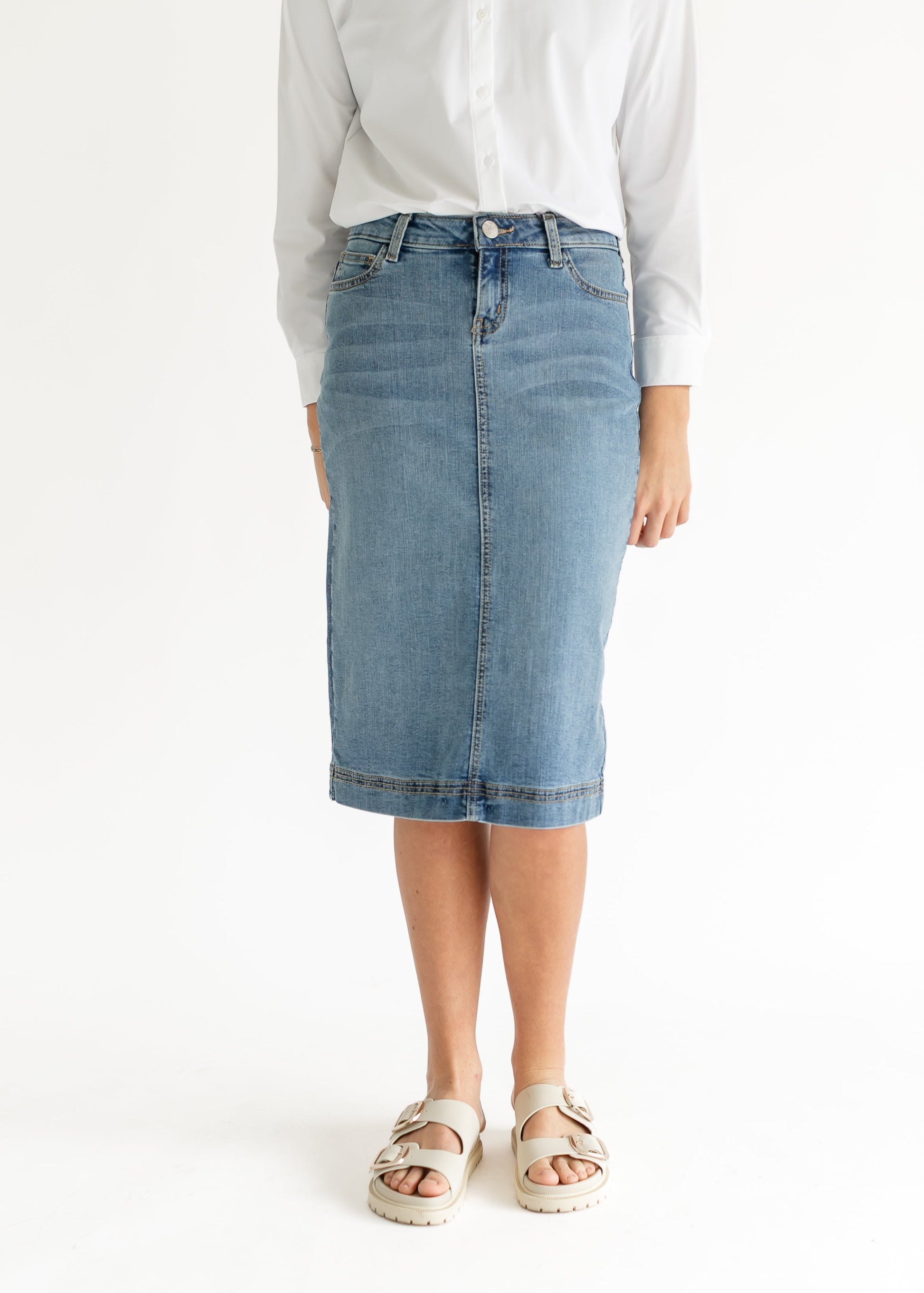 Bryn Light Wash Denim Midi Skirt - Concordia Style Boutique