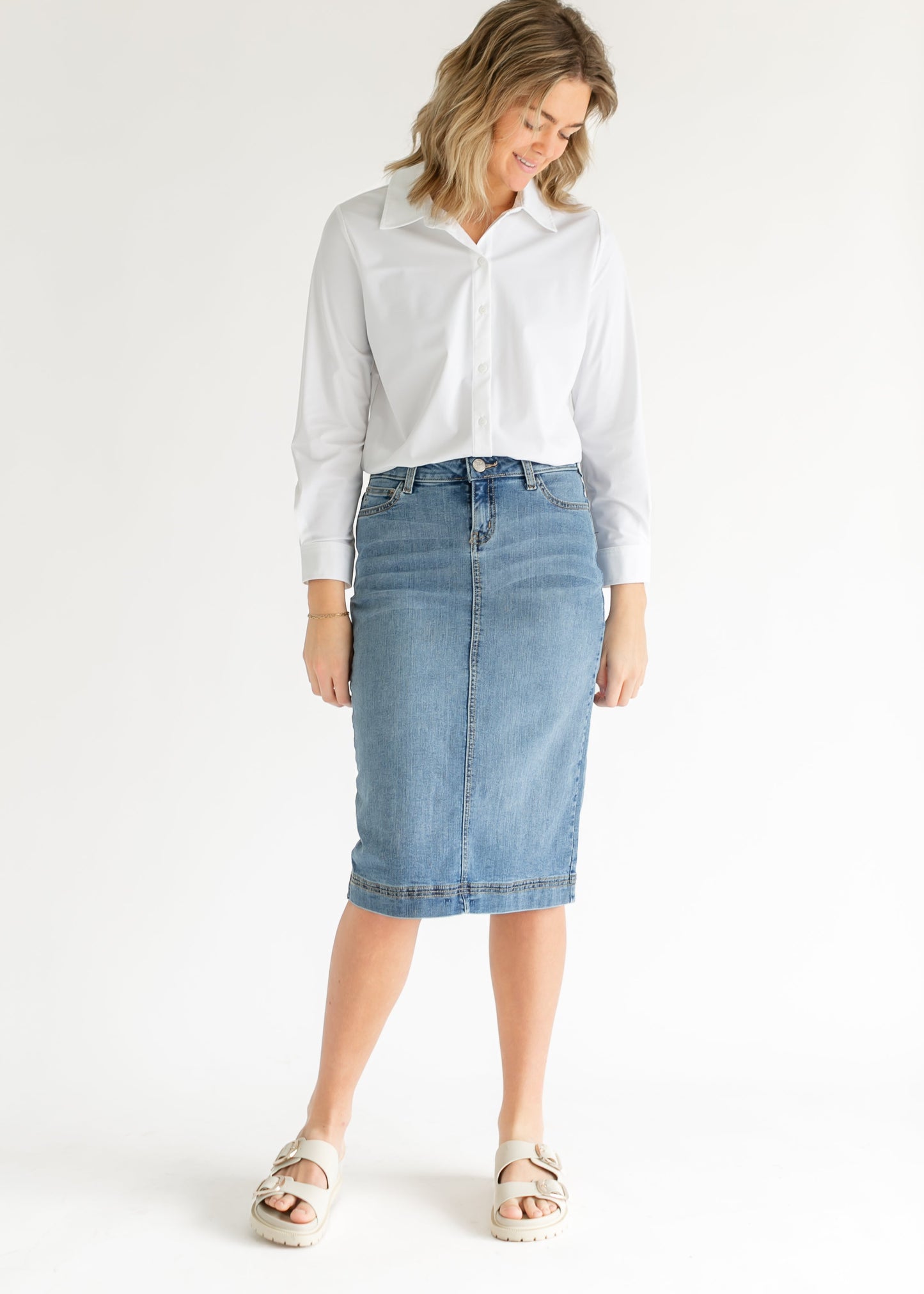 Bryn Light Wash Denim Midi Skirt - Concordia Style Boutique