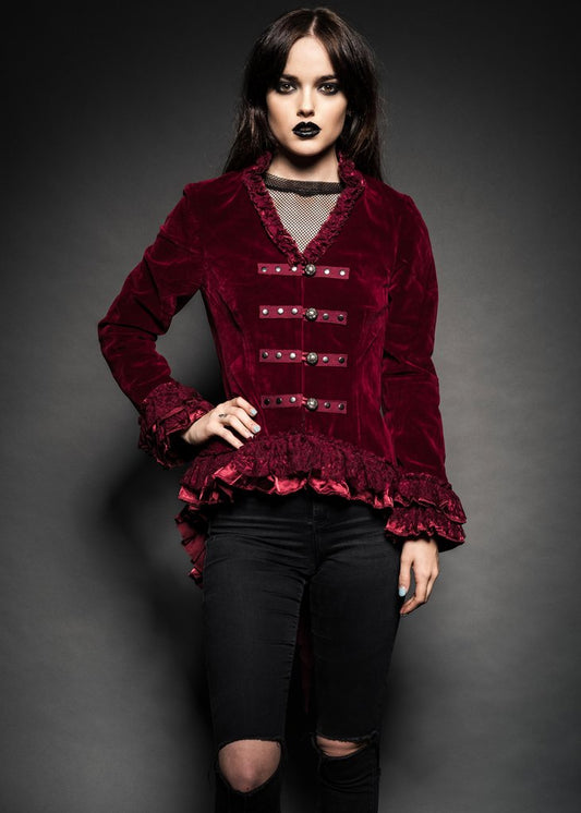 Red Velvet Steampunk Jacket Gothic Tail Coat - Concordia Style Boutique