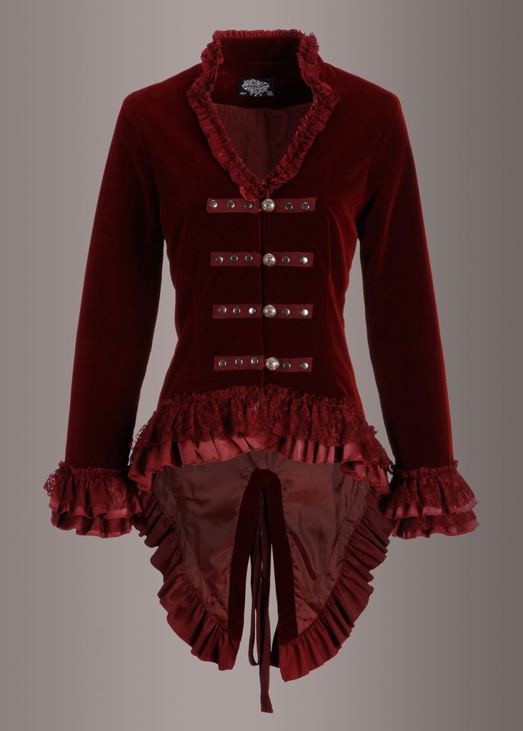 Red Velvet Steampunk Jacket Gothic Tail Coat - Concordia Style Boutique