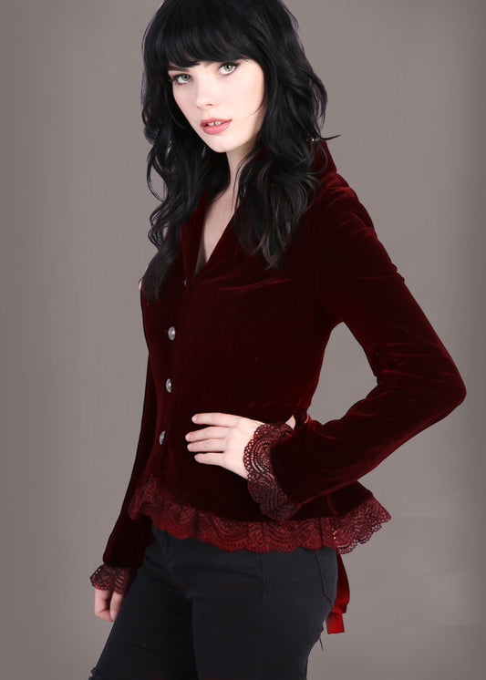 Burgundy Velvet Gothic Jacket with Lace - Concordia Style Boutique