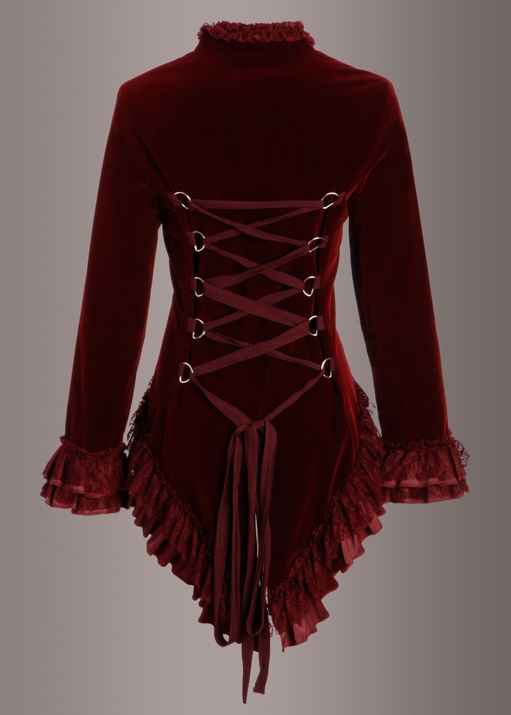 Red Velvet Steampunk Jacket Gothic Tail Coat - Concordia Style Boutique