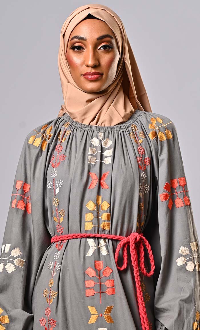Burma Inspired Bohemian Embroidered Abaya with belt