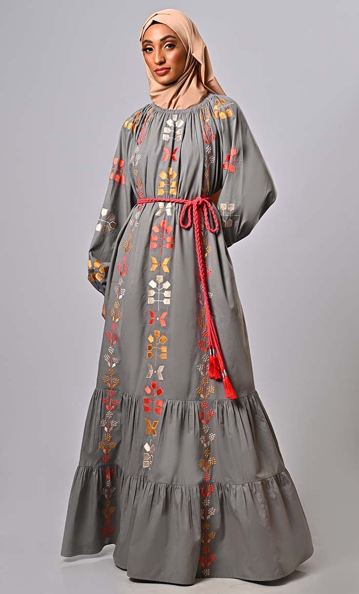 Burma Inspired Bohemian Embroidered Abaya with belt