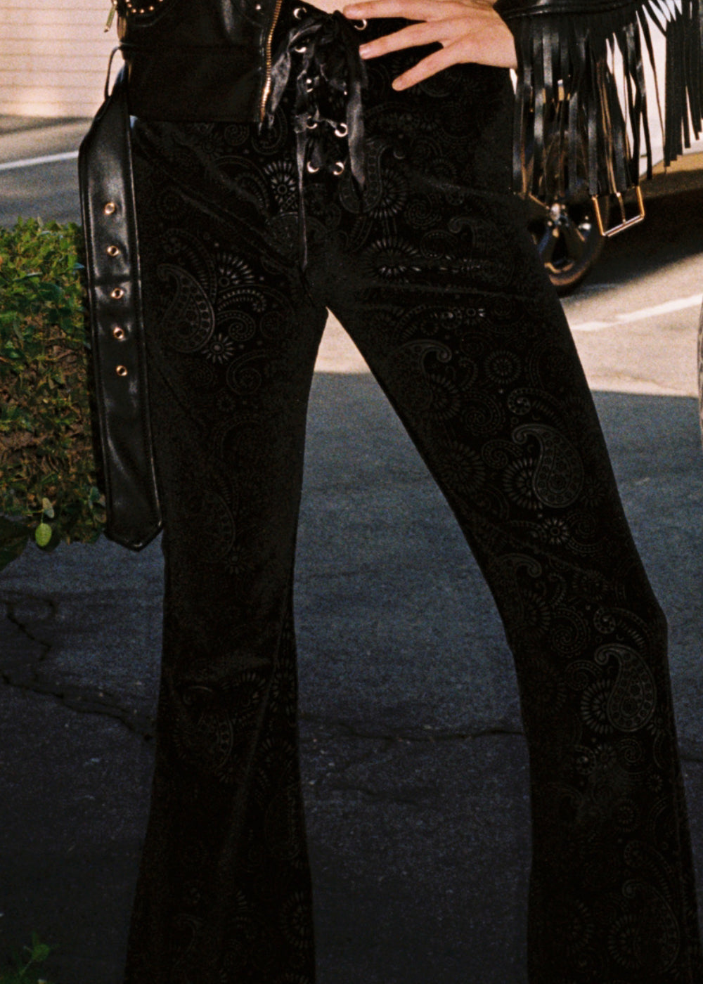 Black Burnout Velvet Bell Bottom Pants - Concordia Style Boutique