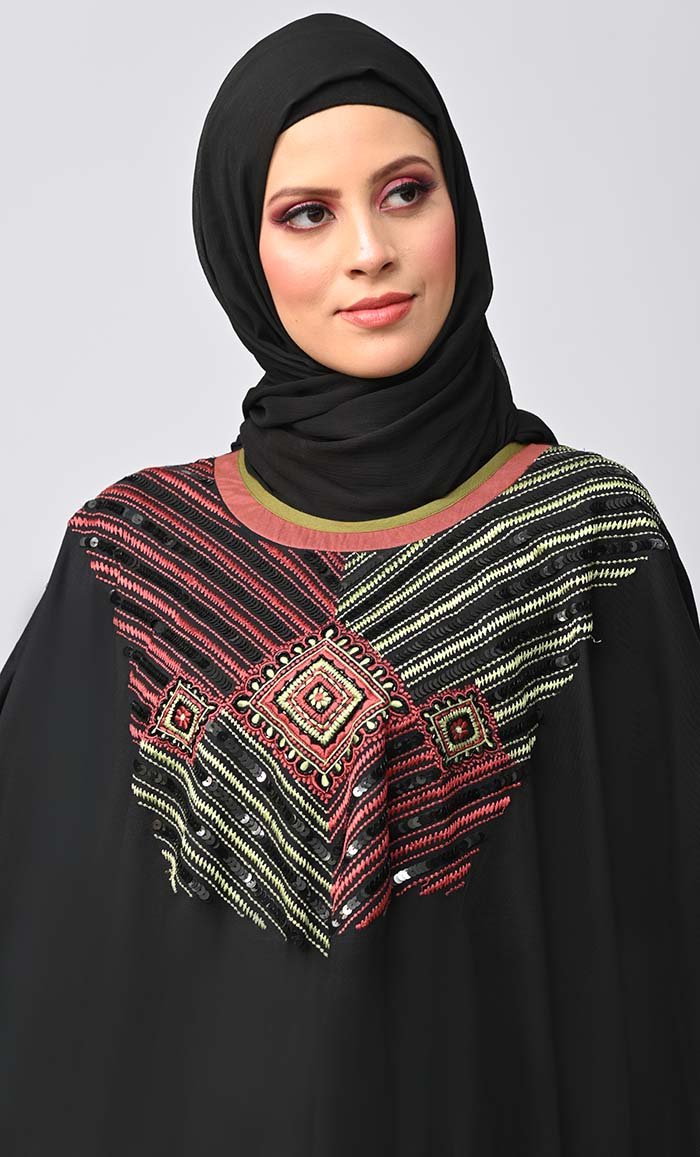 Black Islamic Sequins Detailing Kaftan Style Abaya