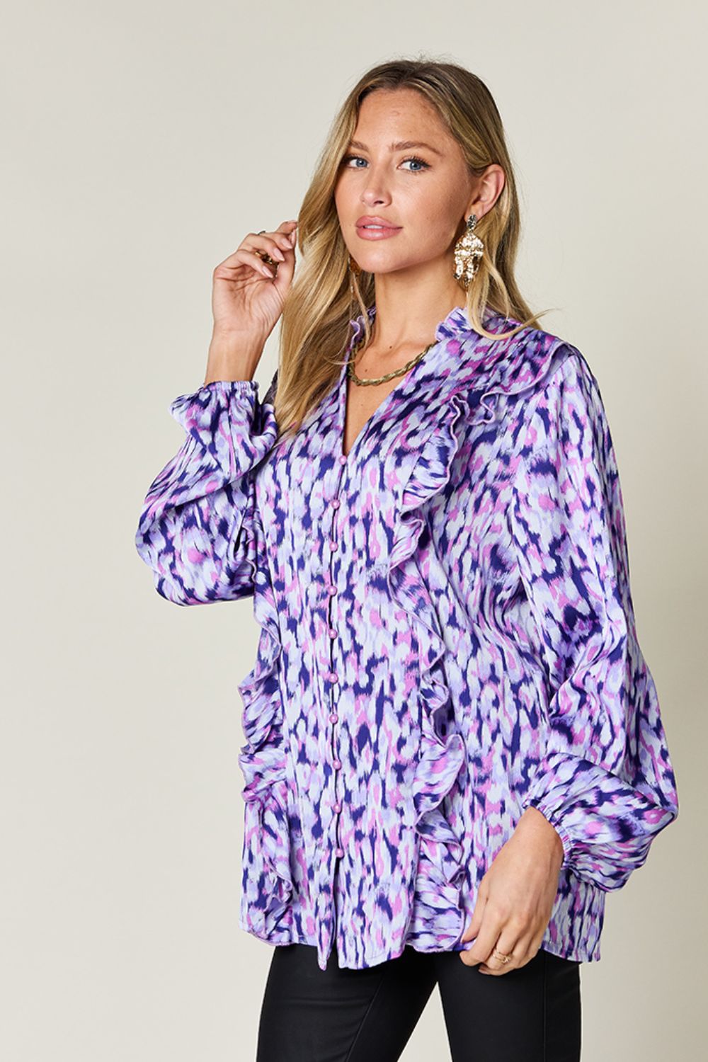 Double Take Full Size Printed Ruffle Trim Balloon Sleeve Shirt - Concordia Style Boutique