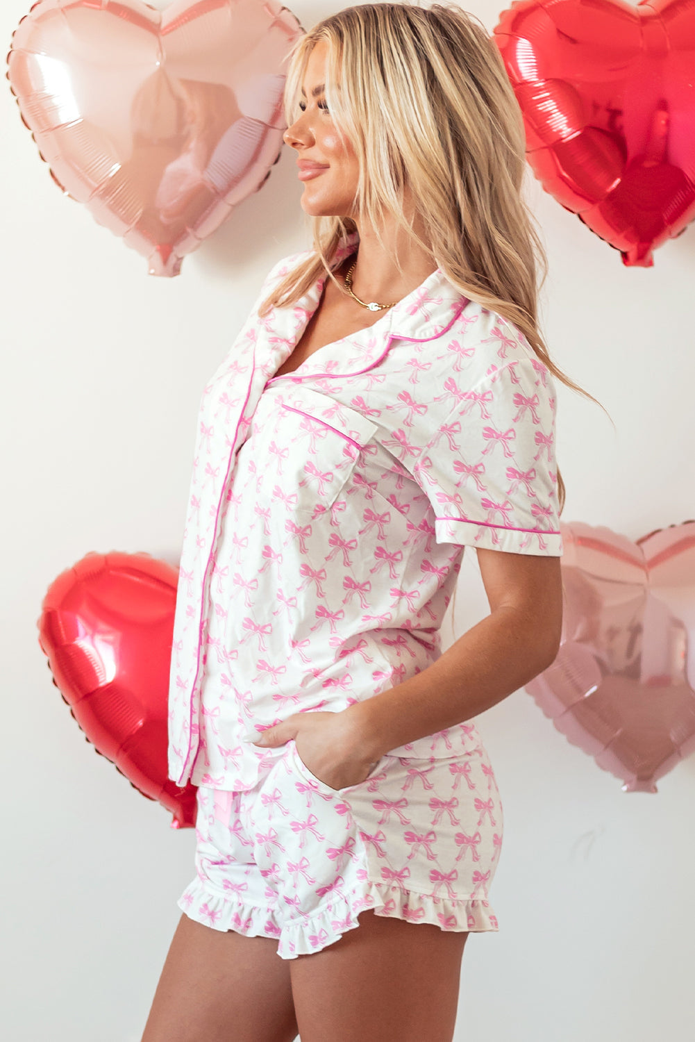 Luxury Bowknot Printed Short Sleeve and Ruffled Shorts Pajama Set - Concordia Style Boutique