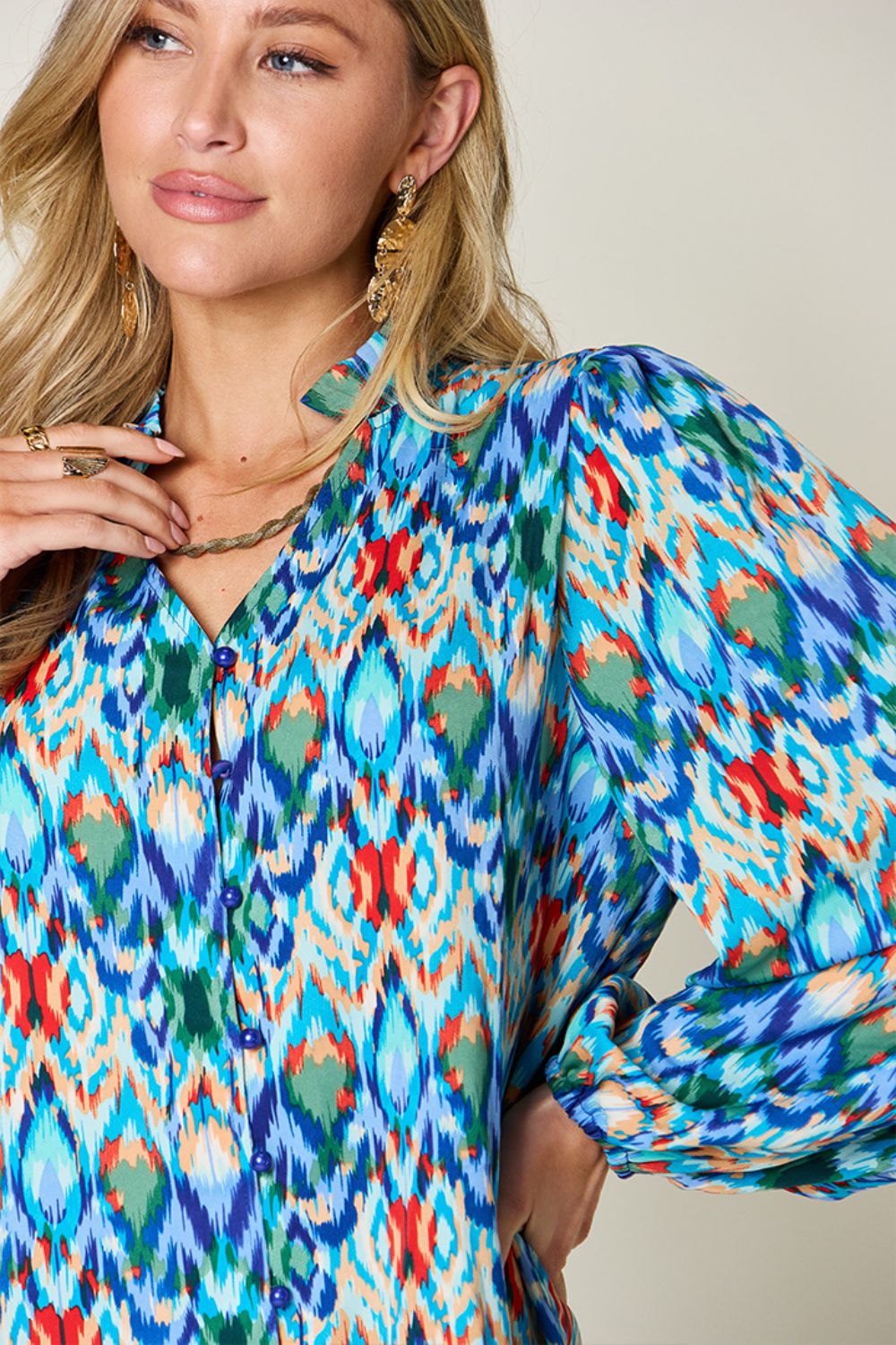 Double Take Full Size Printed Balloon Sleeve Blouse - Concordia Style Boutique