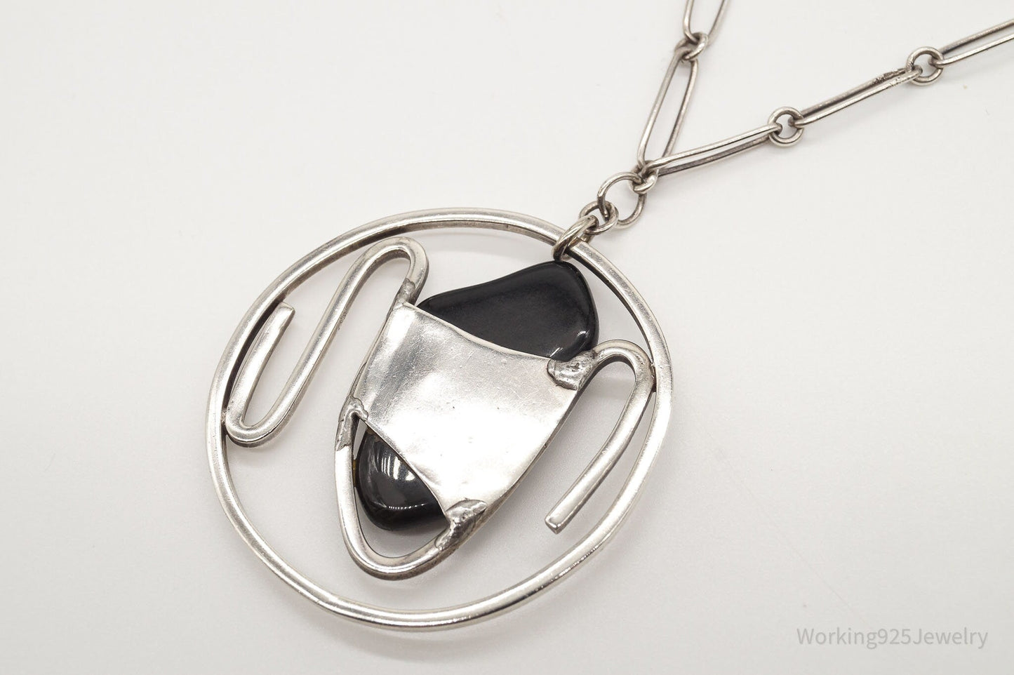Vintage Black Onyx Modernist Silver Chain Necklace