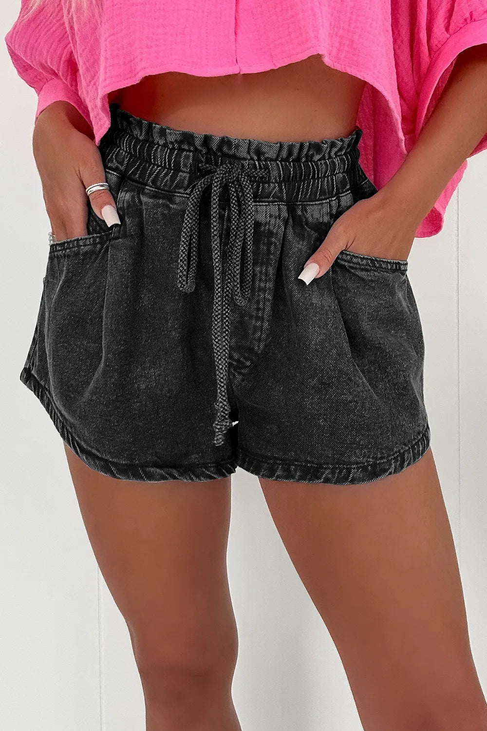 Drawstring High Waist Denim Shorts with Pockets - Concordia Style Boutique