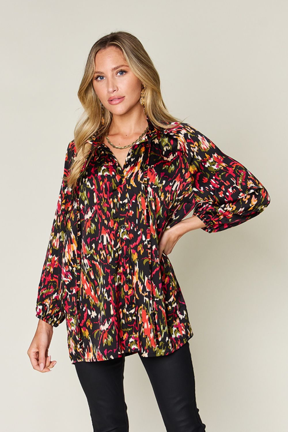 Double Take Full Size Printed Button Up Long Sleeve Shirt - Concordia Style Boutique