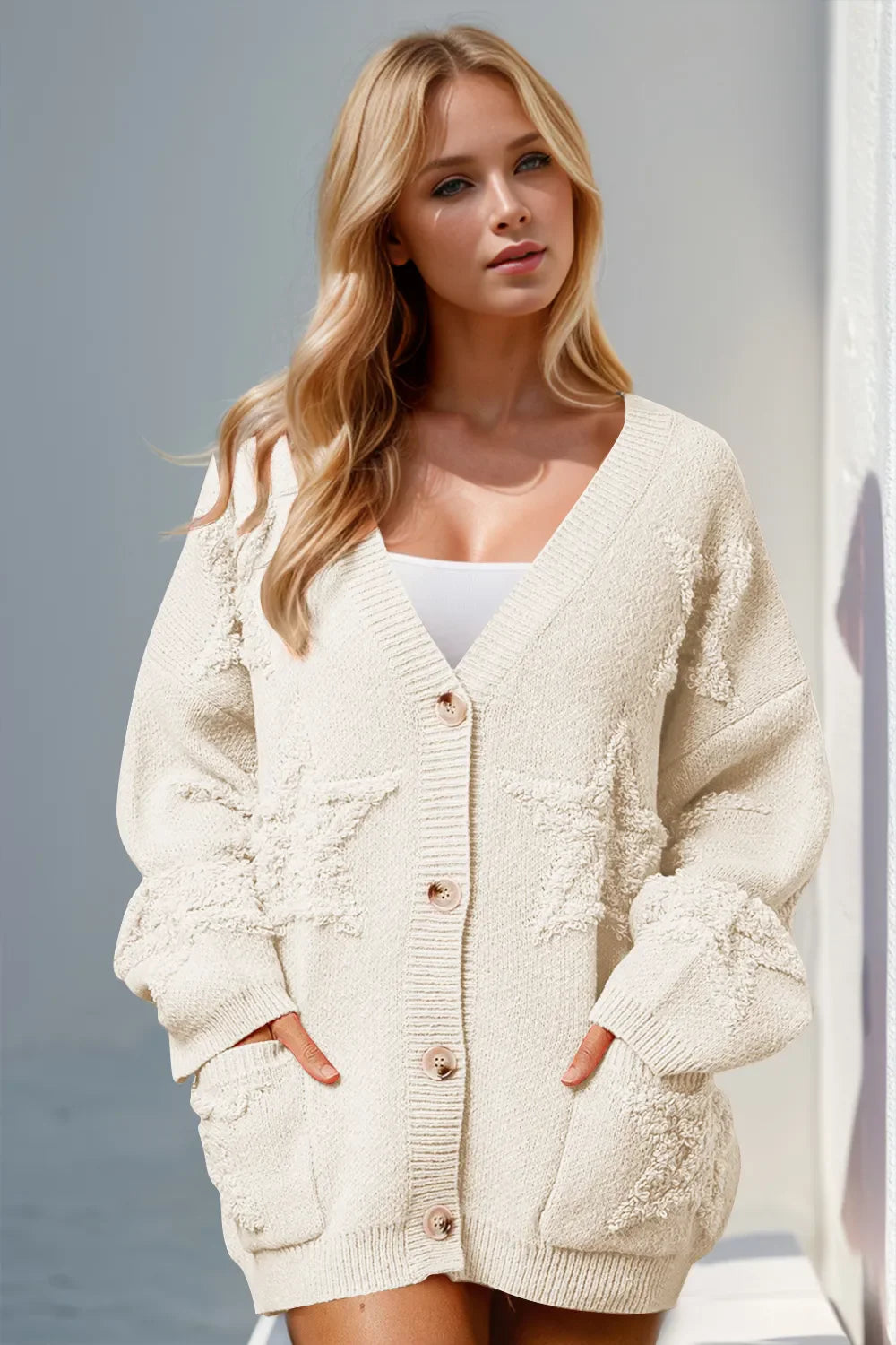 Double Take Full Size Button Up Star Pattern Cardigan - Concordia Style Boutique