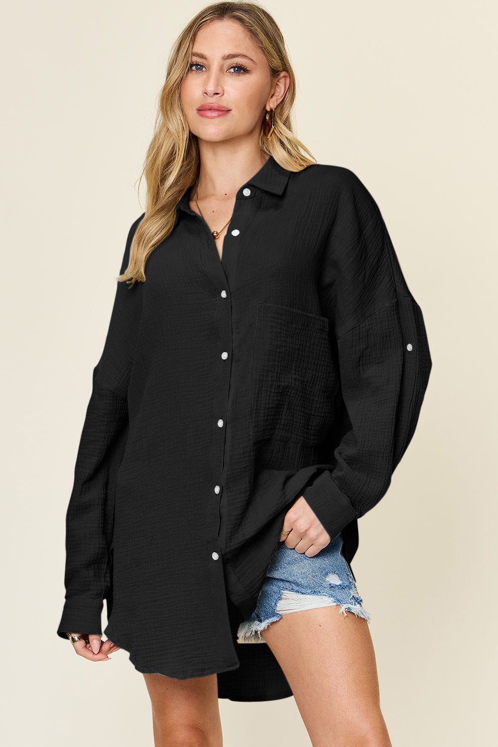 Double Take Full Size Pocketed Texture Button Up Shirt - Concordia Style Boutique
