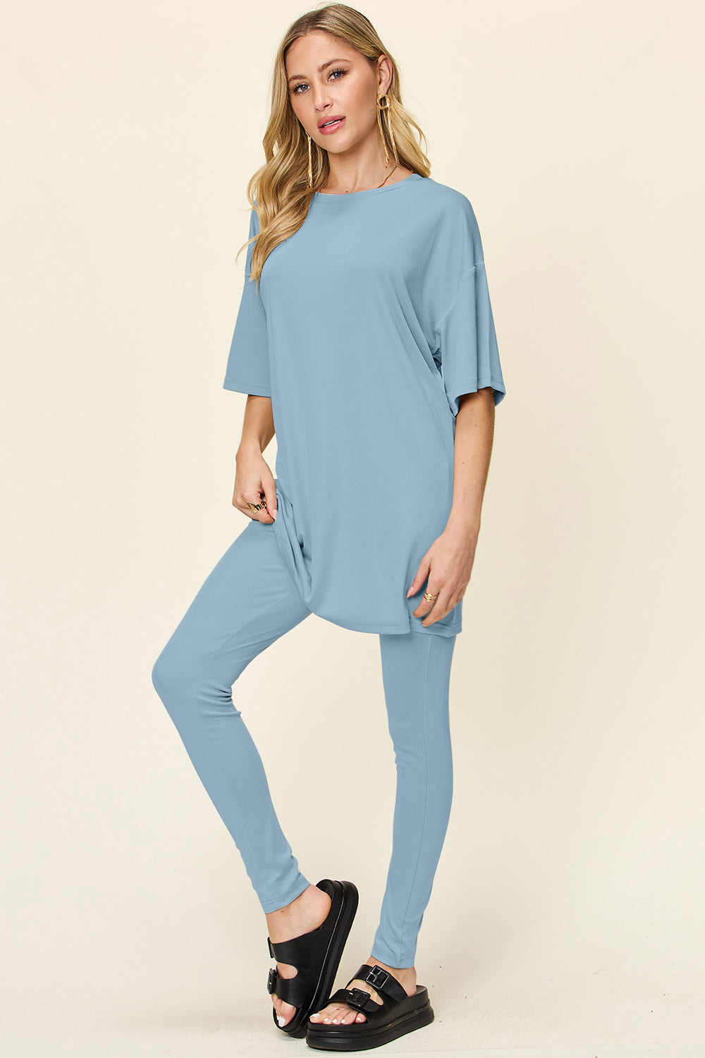 Double Take Full Size Round Neck Dropped Shoulder T-Shirt and Leggings Set - Concordia Style Boutique