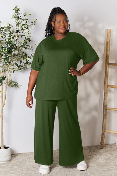 Double Take Full Size Round Neck Slit Top and Pants Set - Concordia Style Boutique