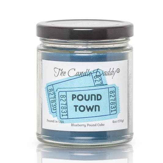 POUND TOWN - BLUEBERRY POUND CAKE SCENTED - FUNNY 6 OZ JAR CANDLE- 40 HOUR BURN TIME