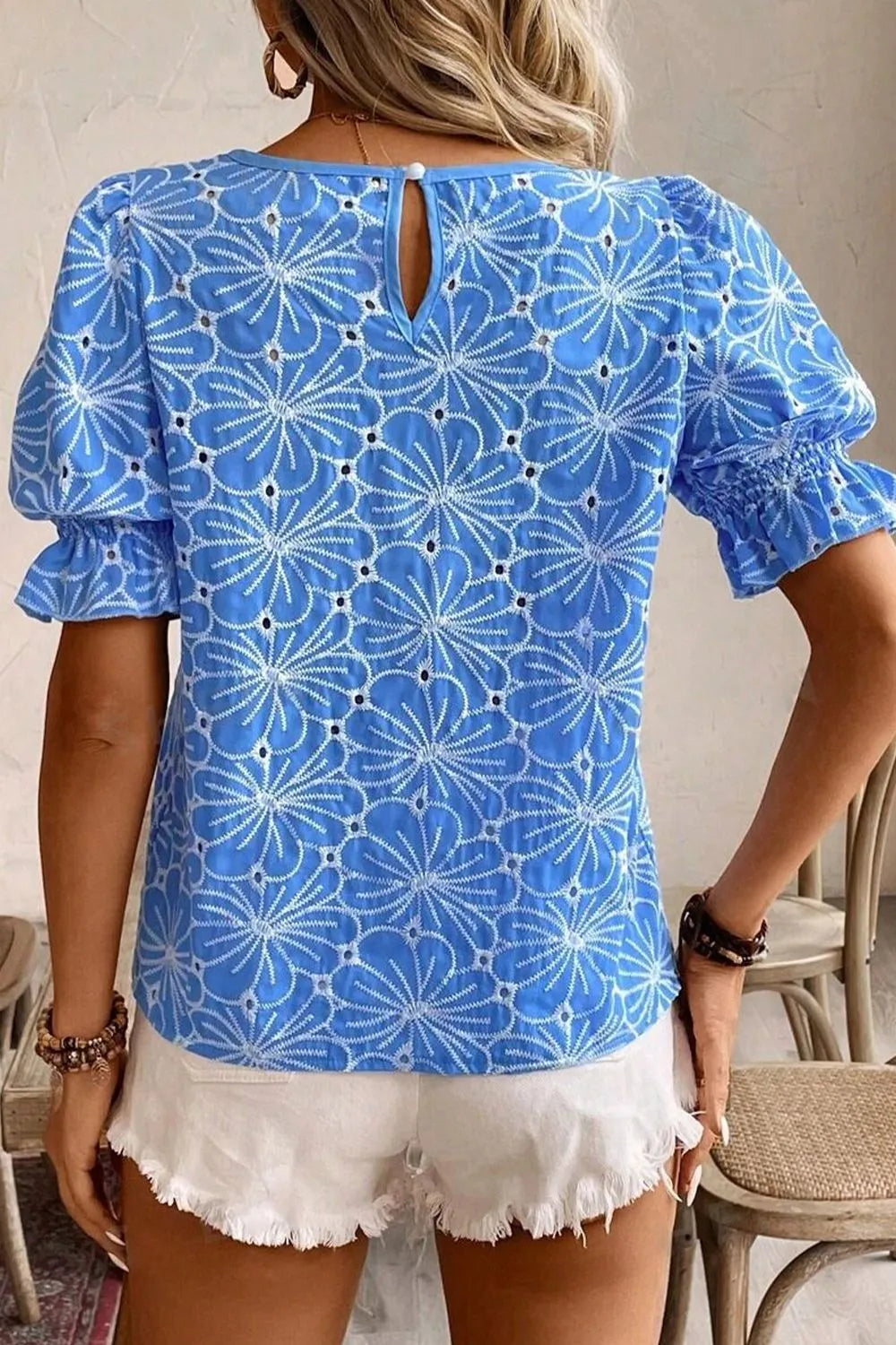 Eyelet Flower Embroidery Flounce Sleeve Blouse - Concordia Style Boutique