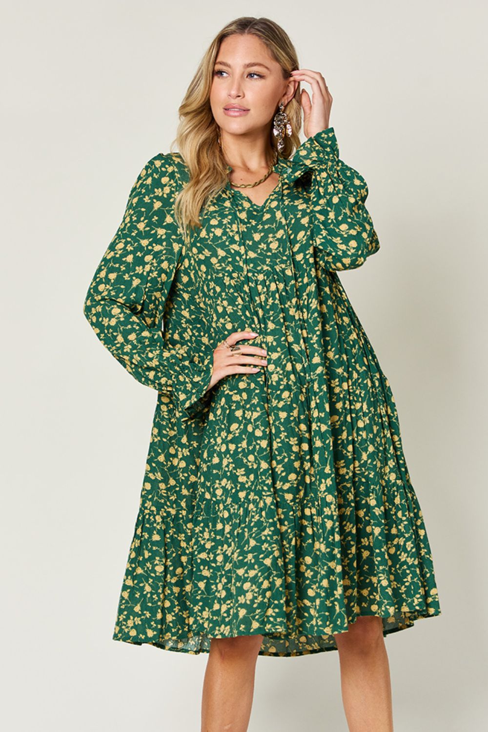 Double Take Full Size Printed Ruffle Hem Long Sleeve Dress - Concordia Style Boutique