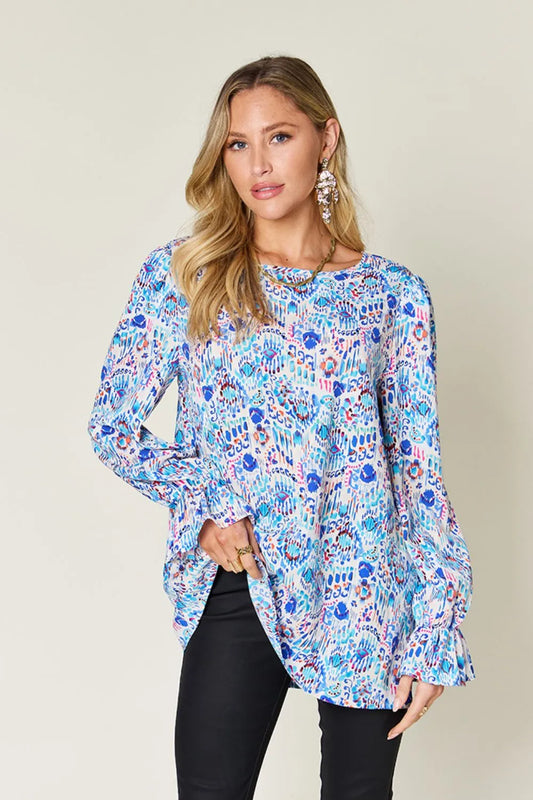 Double Take Full Size Printed Flounce Sleeve Blouse - Concordia Style Boutique