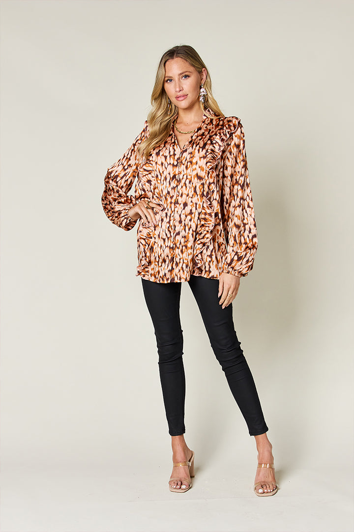 Double Take Full Size Printed Ruffle Trim Balloon Sleeve Shirt - Concordia Style Boutique