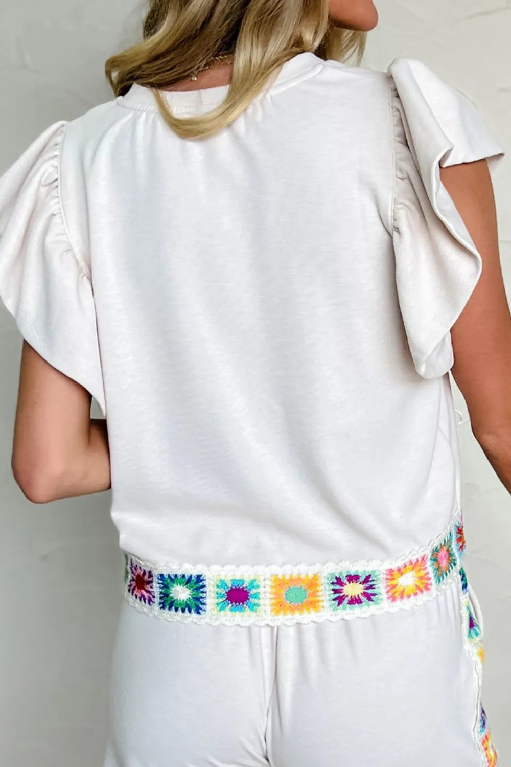 Floral Crochet Patched Ruffled Sleeve Crewneck Blouse - Concordia Style Boutique