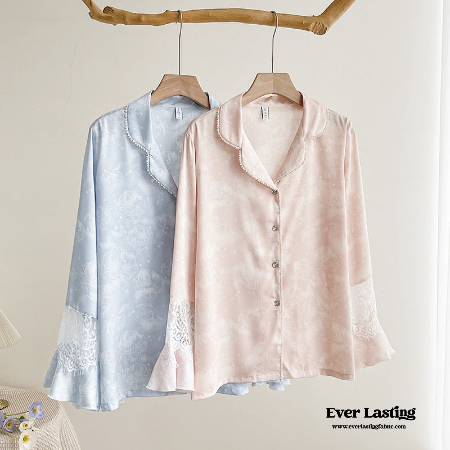 Celeste Silky Luxury Lace Pajama Set / Blue