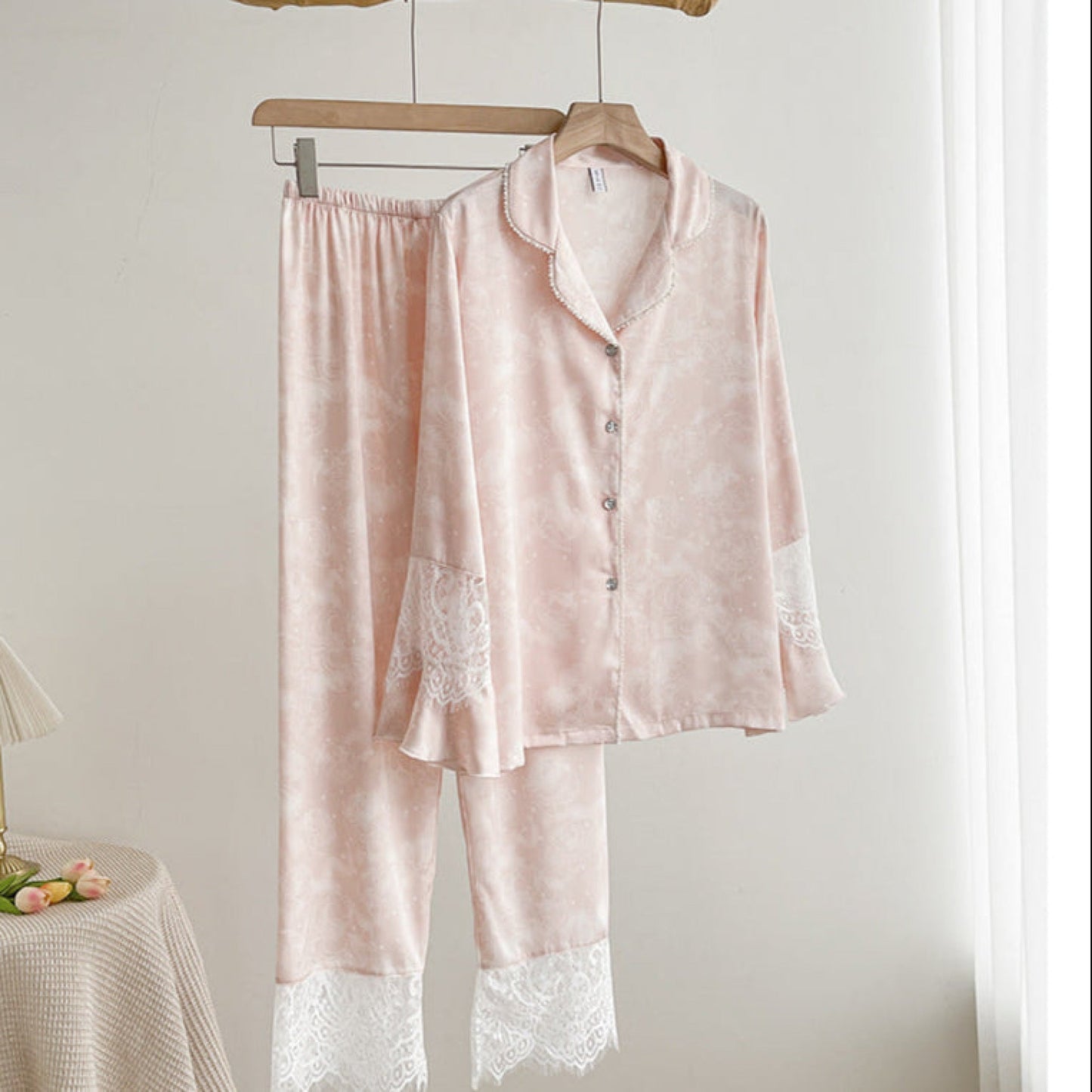 Celeste Silky Luxury Lace Pajama Set / Blue