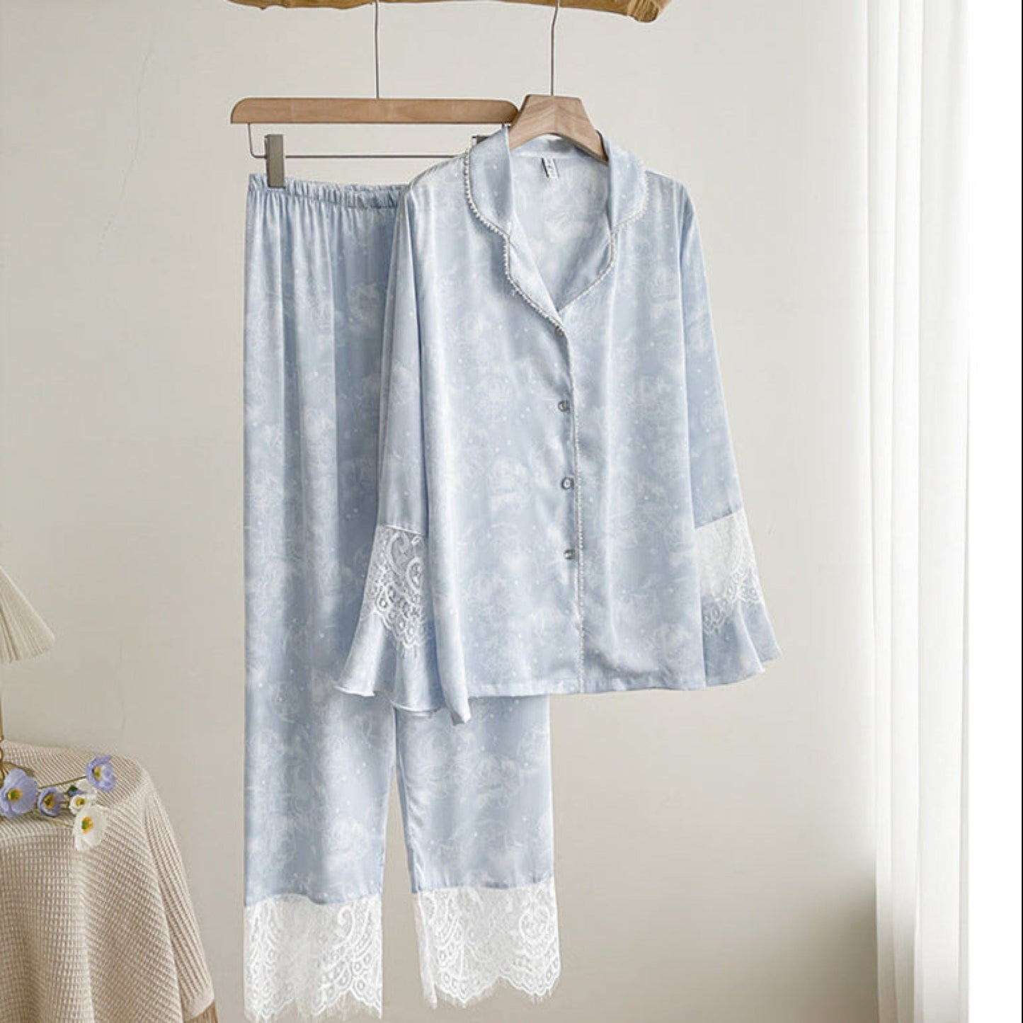 Celeste Silky Luxury Lace Pajama Set / Blue