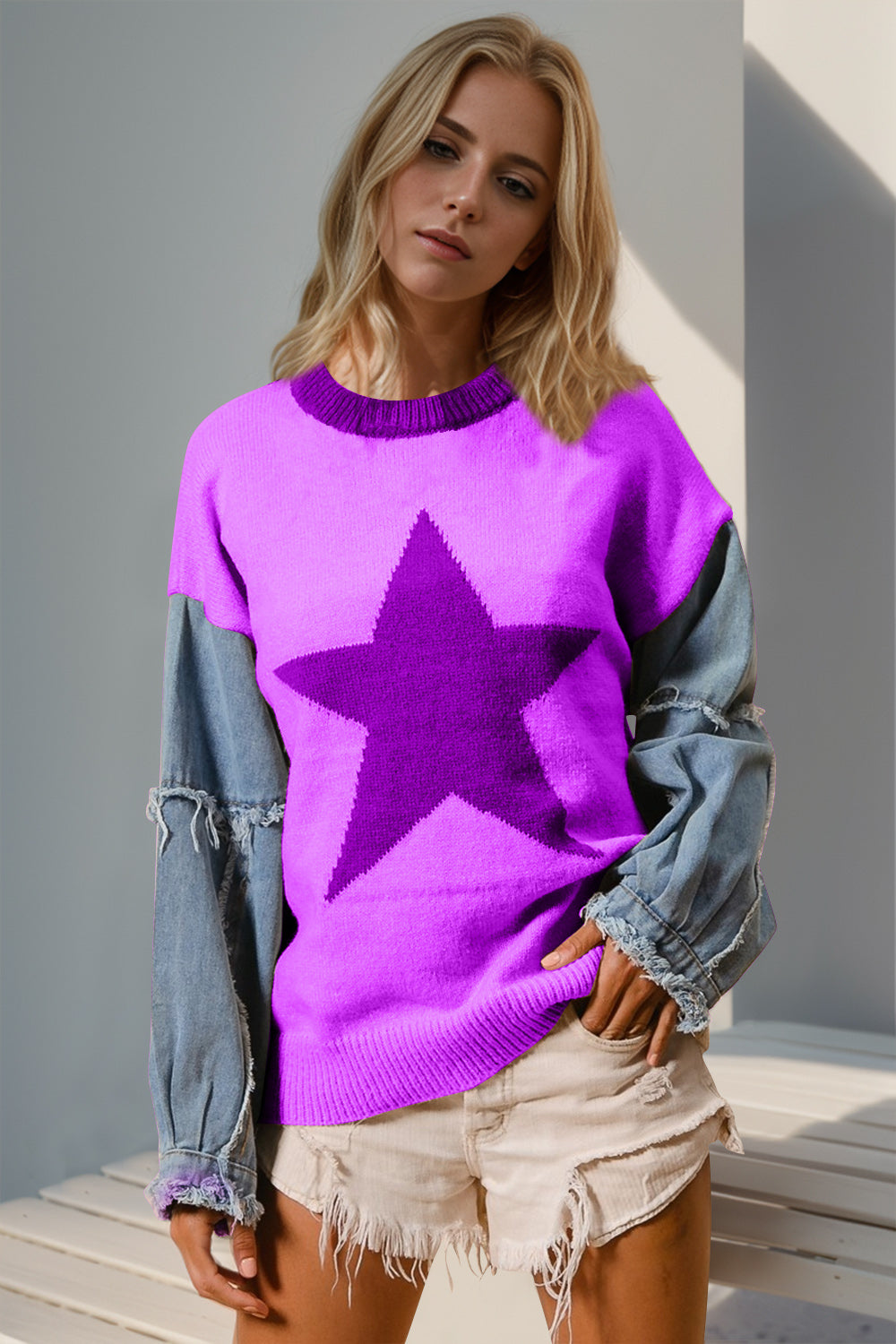 Double Take Full Size Star Pattern Raw Edge Long Sleeve Sweater - Concordia Style Boutique