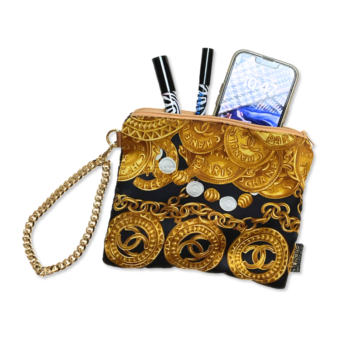 CC Logo Gold Coins Noir Vintage Silk Scarf Wristlet Bag