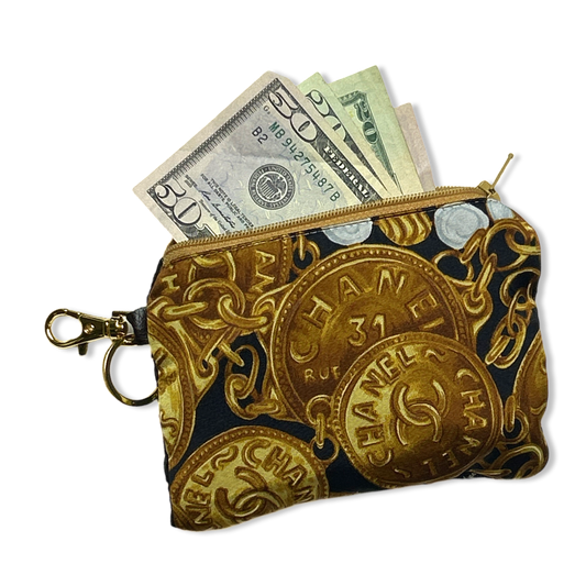 CC Logo Gold Coins Noir Vintage Silk Scarf Coffee Run Keychain Bag