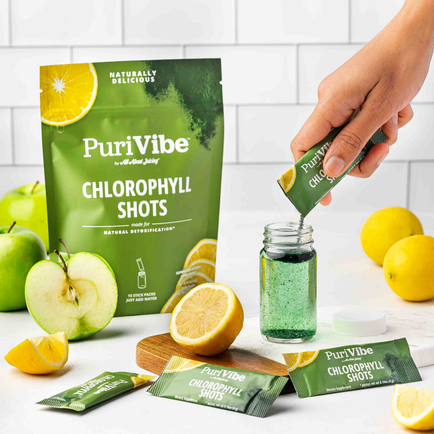 PuriVibe Chlorophyll & Lemon Juice Shots - Wellness Shot, Superfood Supplement Powder - Green Juice - Supports Detox & Gut Health