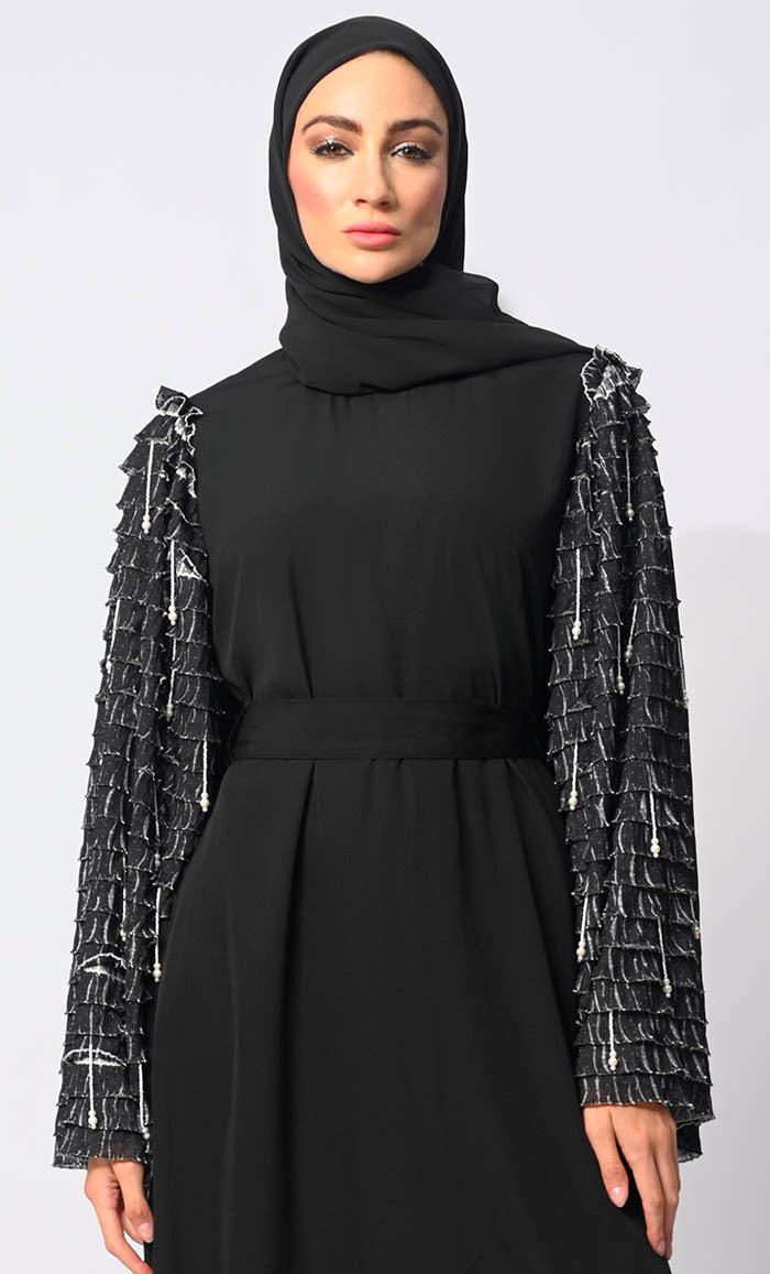 Classic black Abaya with Tiered Frill Sleeves and belt