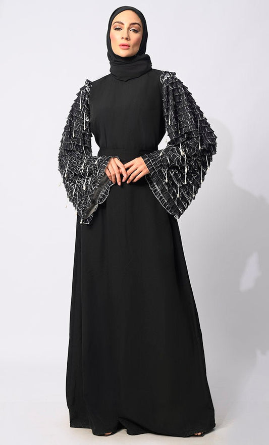 Classic black Abaya with Tiered Frill Sleeves and belt