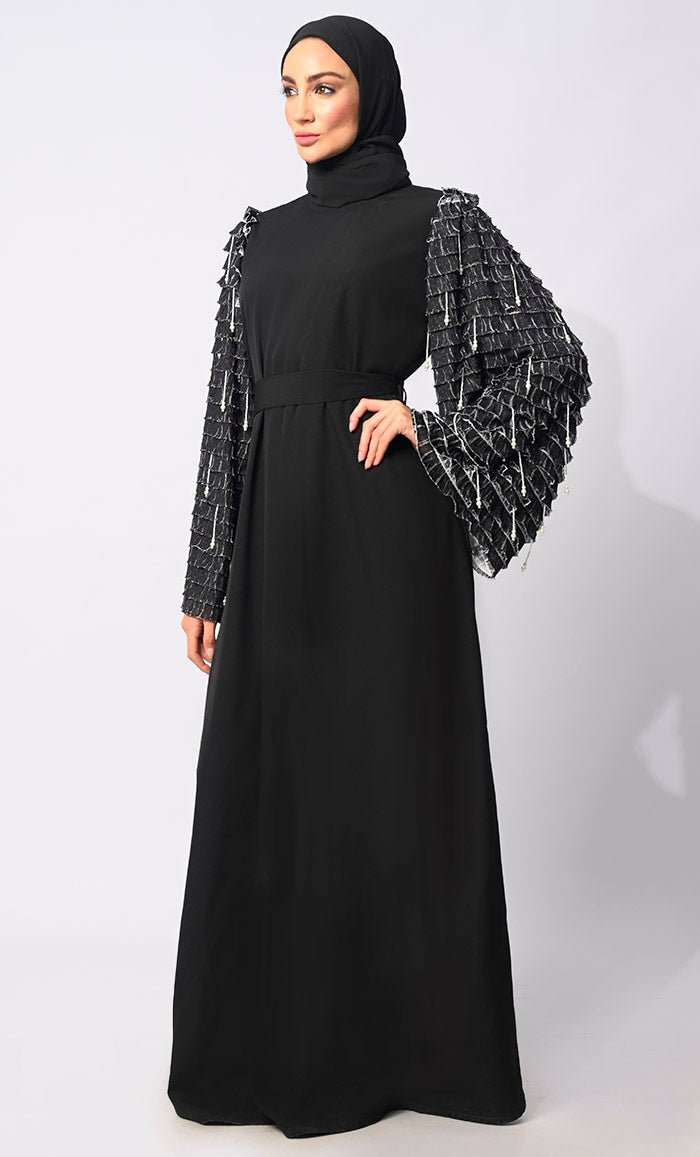 Classic black Abaya with Tiered Frill Sleeves and belt