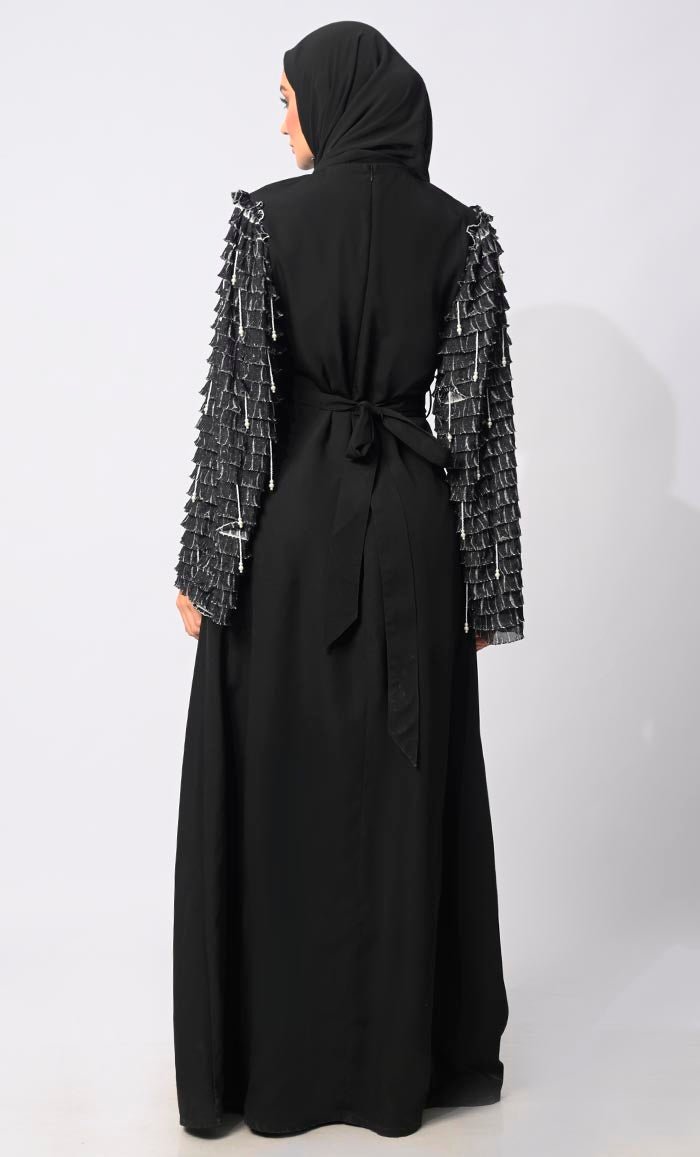 Classic black Abaya with Tiered Frill Sleeves and belt
