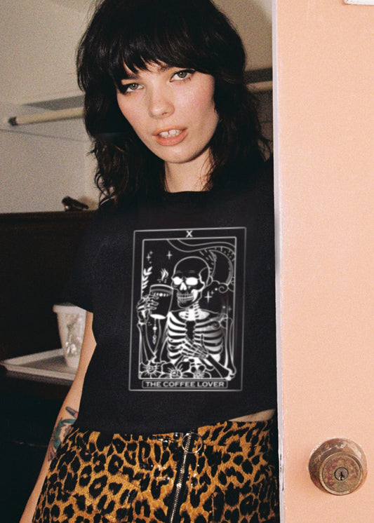 The Coffee Lover Skeleton Tarot Cropped Shirt - Concordia Style Boutique