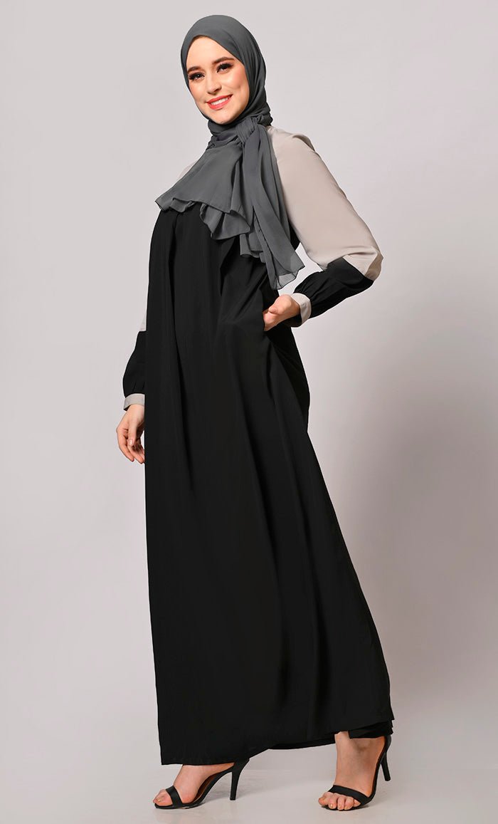 Black Abaya  with Grey Yoke and Pockets