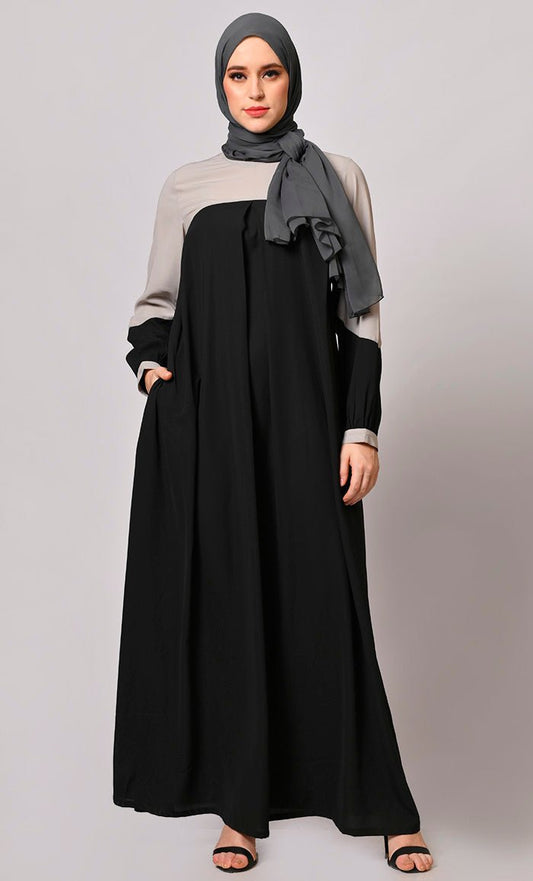Black Abaya  with Grey Yoke and Pockets