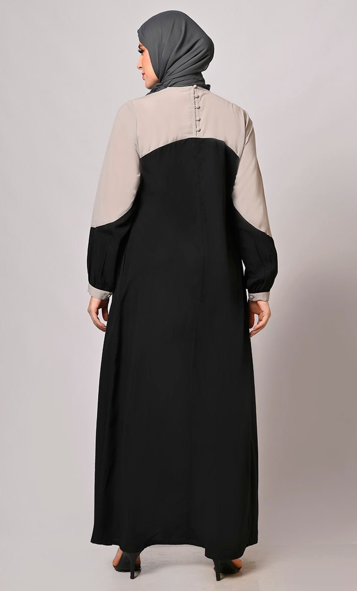 Black Abaya  with Grey Yoke and Pockets