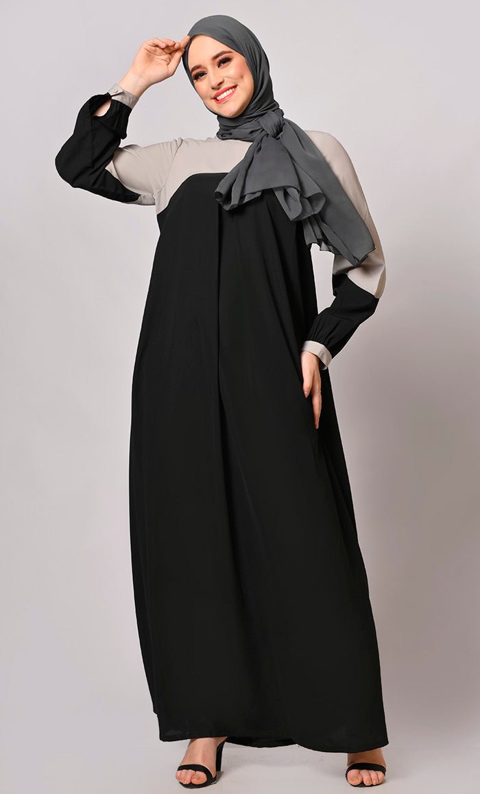 Black Abaya  with Grey Yoke and Pockets