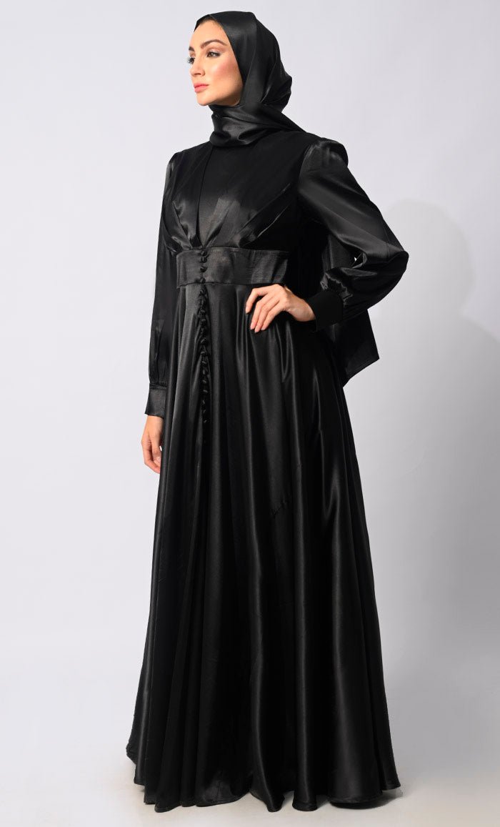 Black Satin Flared Abaya with decorative buttons