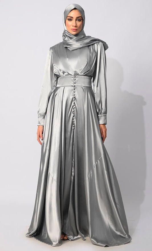 Contemporary Couture: Grey Satin Flared Abaya