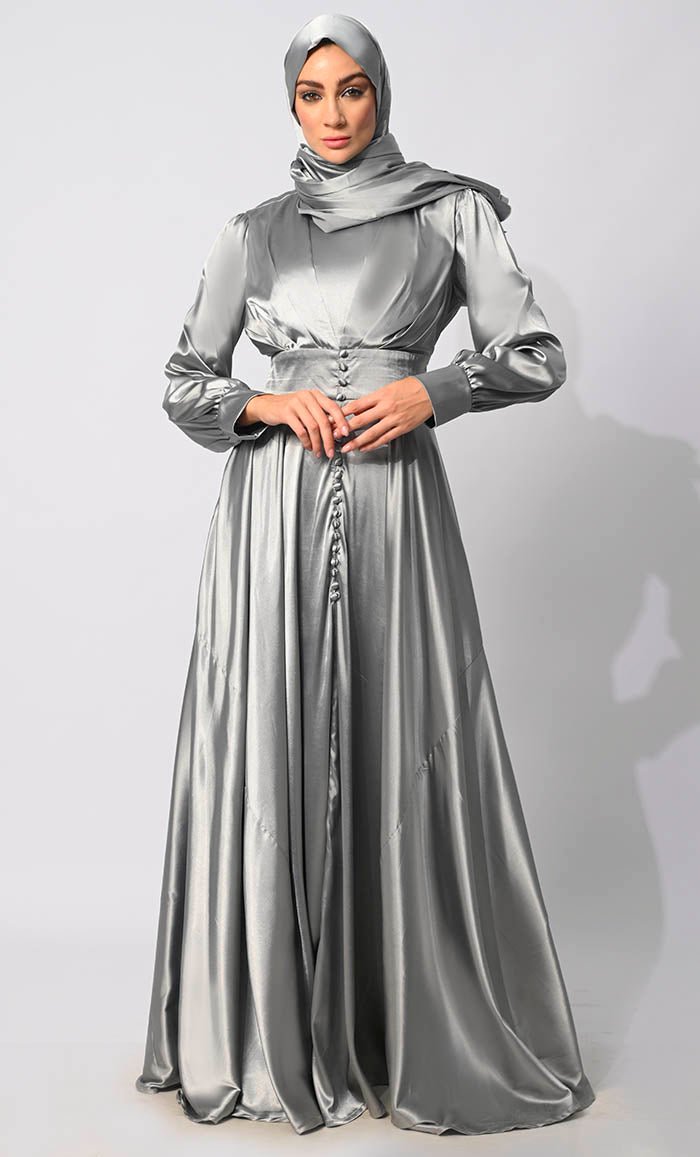 Contemporary Couture: Grey Satin Flared Abaya