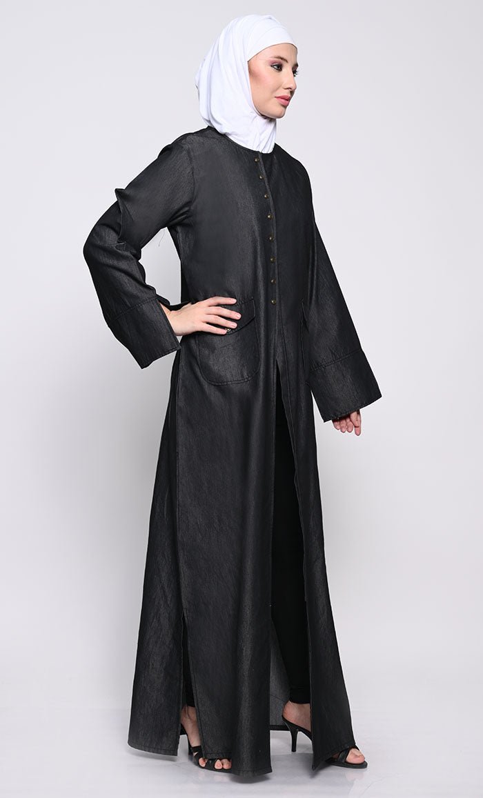 Contemporary Denim Abaya with Side Slits and Button Opening