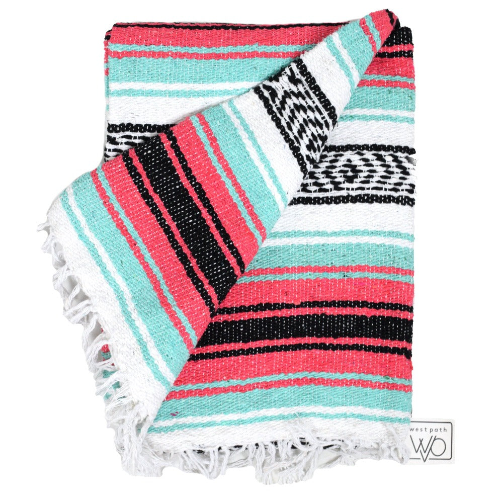 Seafoam Green & Coral Mexican Falsa Blanket - Concordia Style Boutique